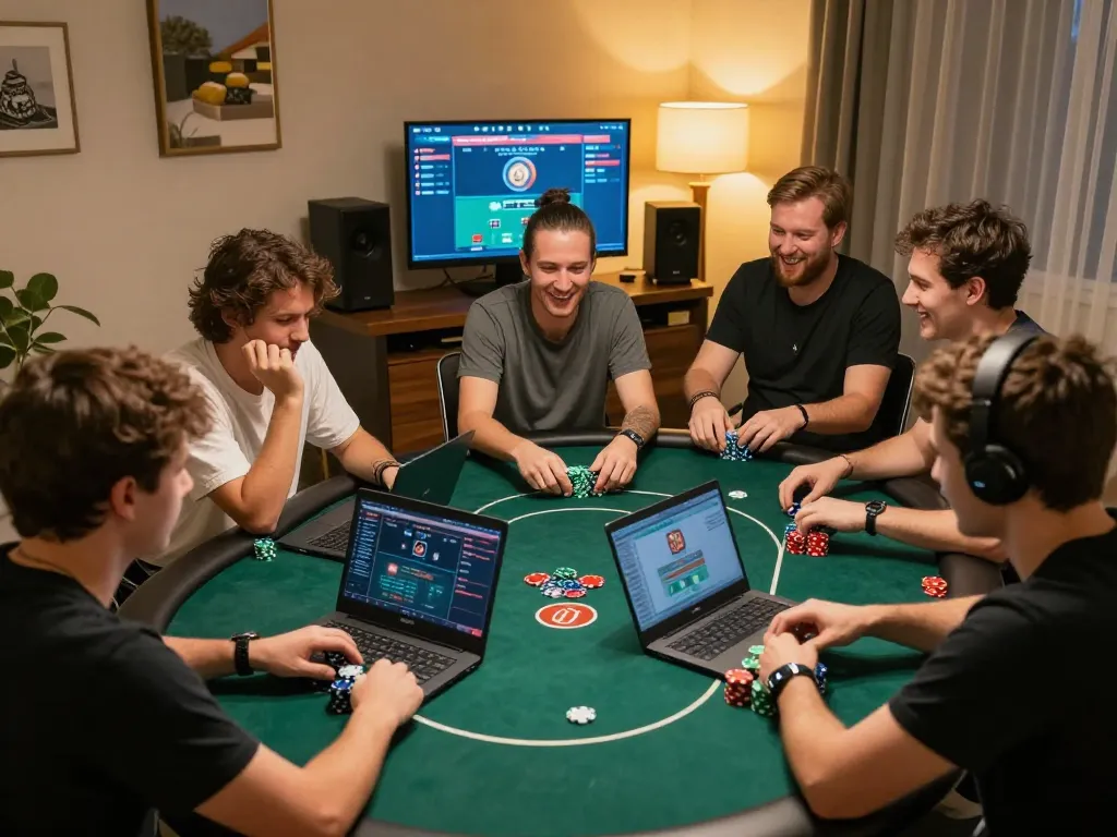 Players intensely strategizing during an online game of poker at tic88 with vibrant chips and dynamic atmosphere.