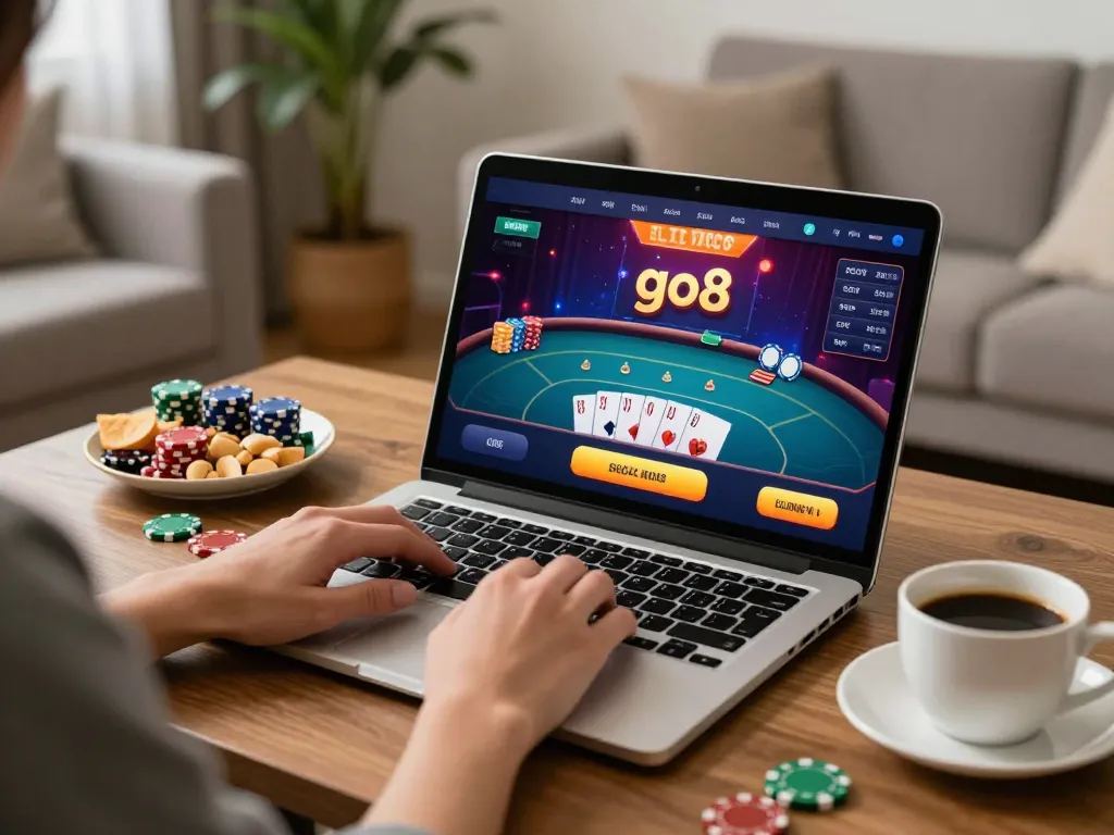 Engaging in strategic online casino gameplay at home on go8 with vibrant poker interface