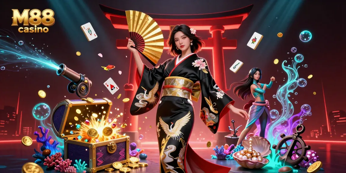 M88 casino offers a vibrant experience with floating game elements and an elegant character in a dynamic setting.