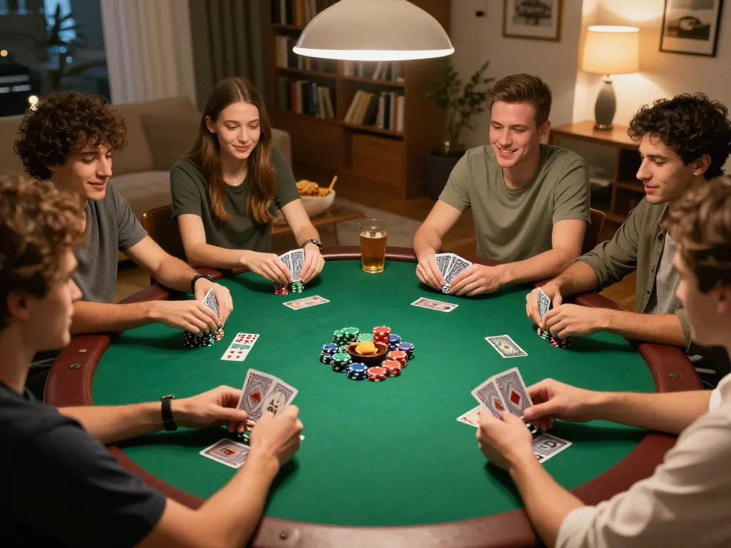 Friends enjoying a lively poker night with uk88 themed chips and strategies displayed