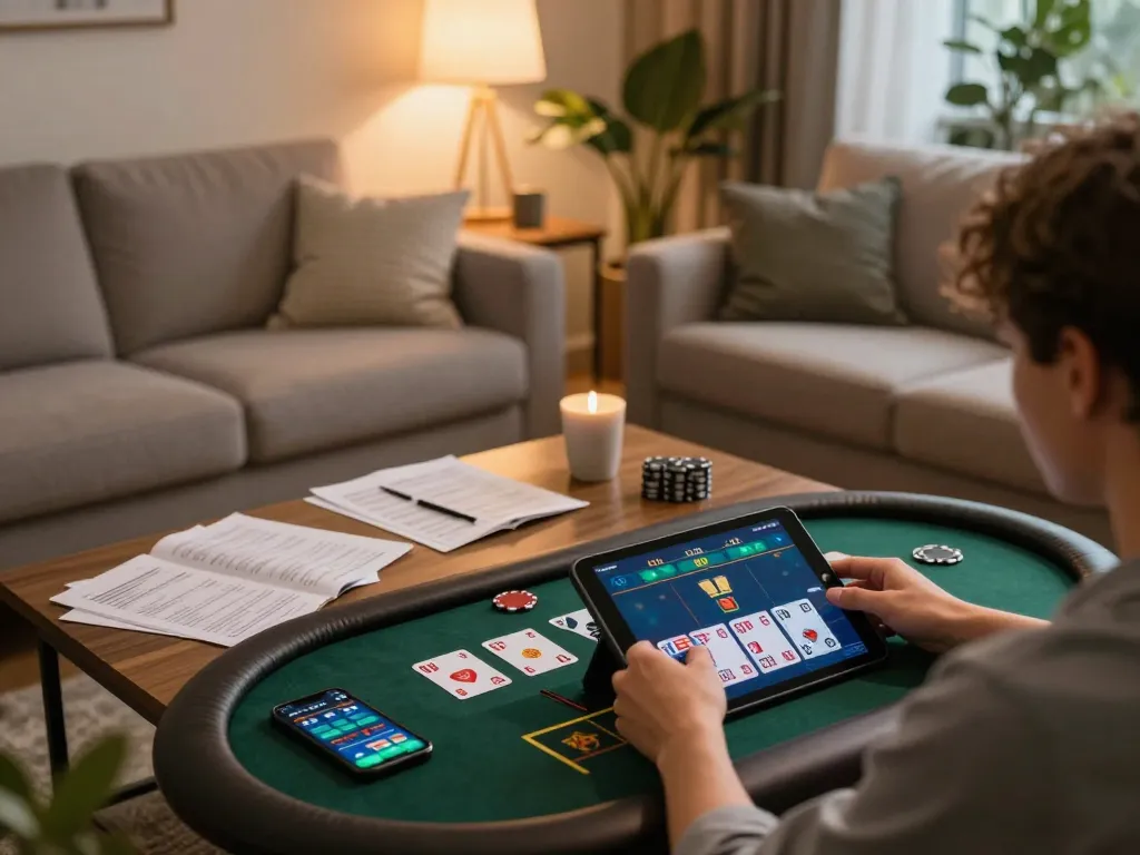 Person engaging in online gaming at home using Net88 tablet, showcasing luxurious gaming environment.