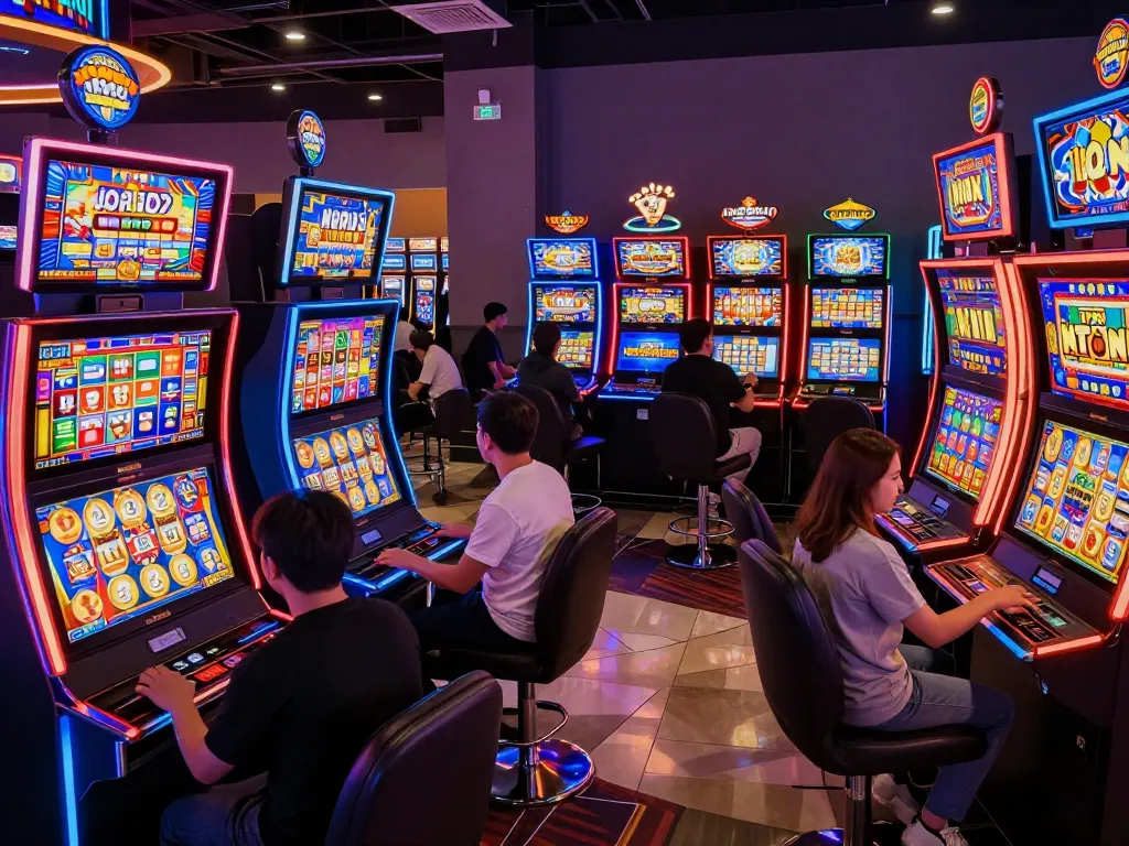 Players enjoying nổ hũ slot machines in a vibrant casino slot area, colorful displays igniting excitement