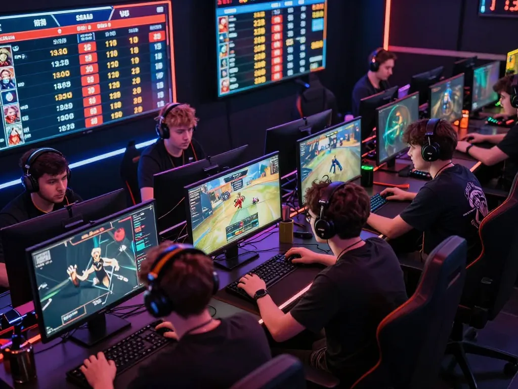 BL555 esports betting scene featuring engaged players analyzing live stats and game odds for strategic wagering.