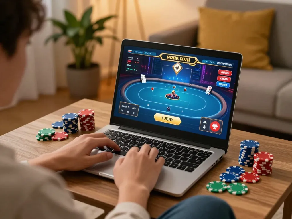 Engaging online poker gaming with xi88 on laptop, colorful chips and cozy atmosphere.