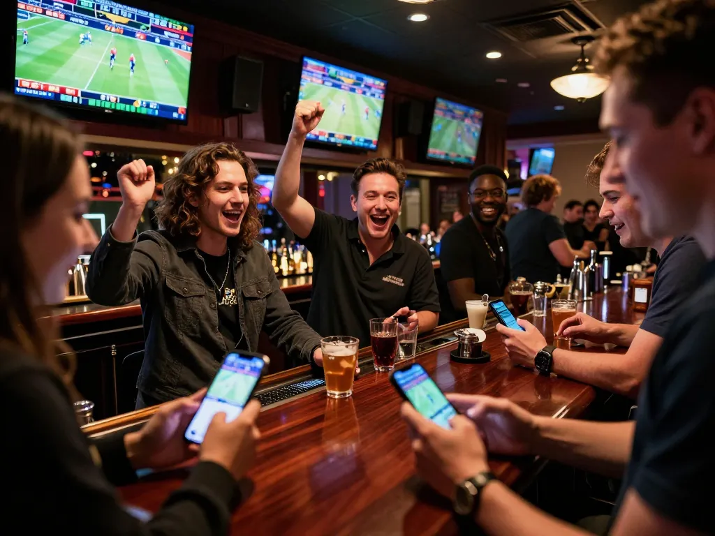 Betting action at 789 Club sportsbook with excited players using mobile apps to wager.