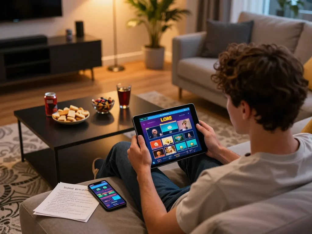 Person engaging with Link LODE88 on tablet for online gambling in a stylish home environment.
