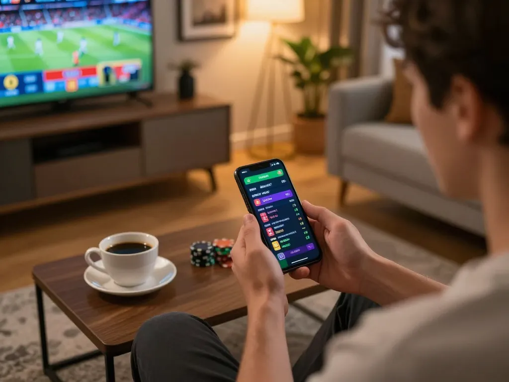 Engaging in sports betting with kkwin app in a cozy home setting, showcasing strategic action.