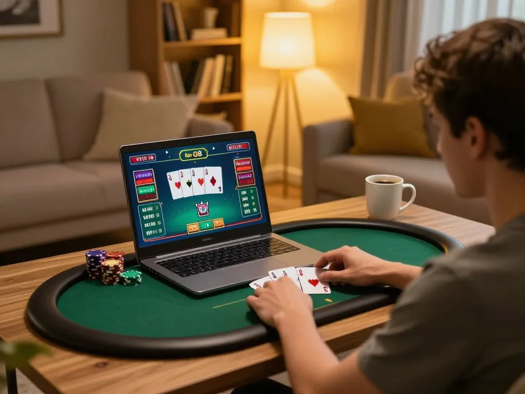Player enjoying an exciting Go8 poker game on a laptop in a cozy home setup