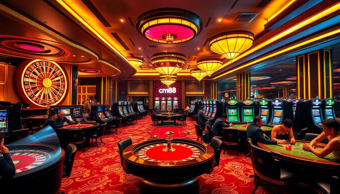 Experience the thrill of gaming at cm88's luxurious casino, featuring roulette wheels and poker tables.