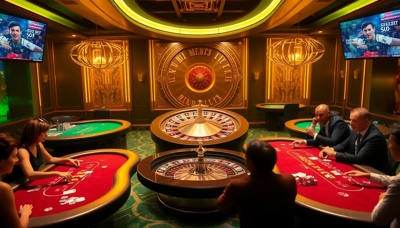 Experience exciting live sports betting with cakhiatv in this vibrant casino scene featuring gaming tables and roulette.