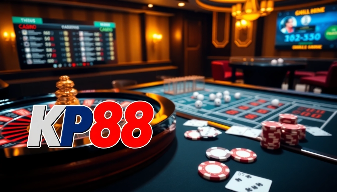 Kp88 logo featured prominently in a luxurious casino scene with roulette and craps tables.