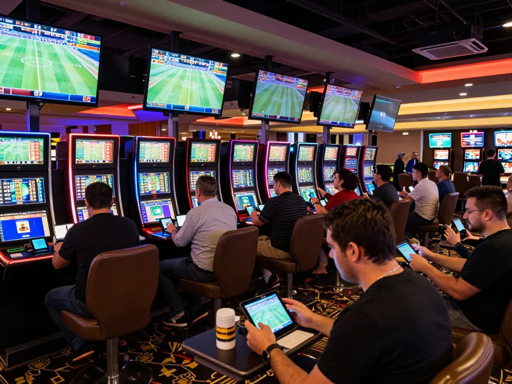 Betters analyzing odds and statistics while engaging in soi kèo nhà cái at a lively casino sports betting area.