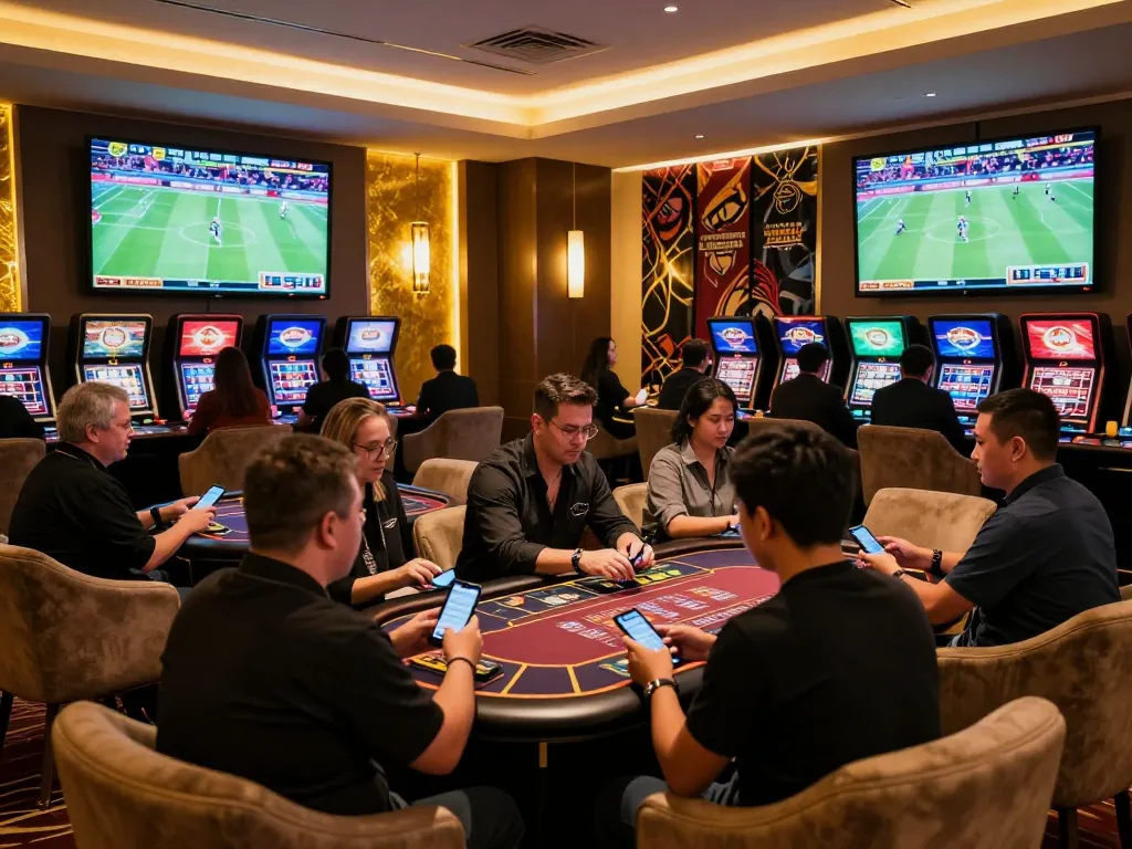 Engaging scene of bettors using 789WIN app at a sports betting venue during live matches