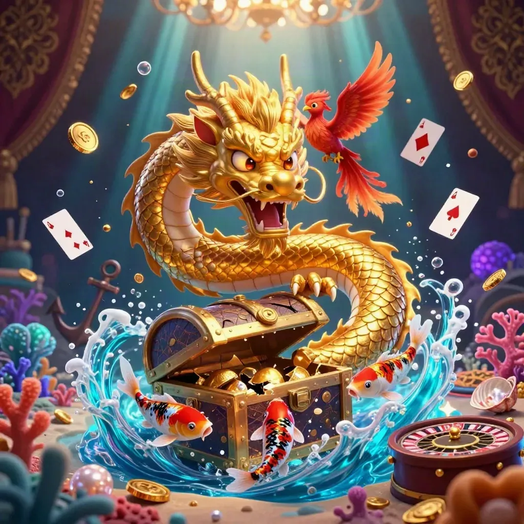 Golden dragon, phoenix and koi in a neon casino treasure cove with roulette, cards and coral.