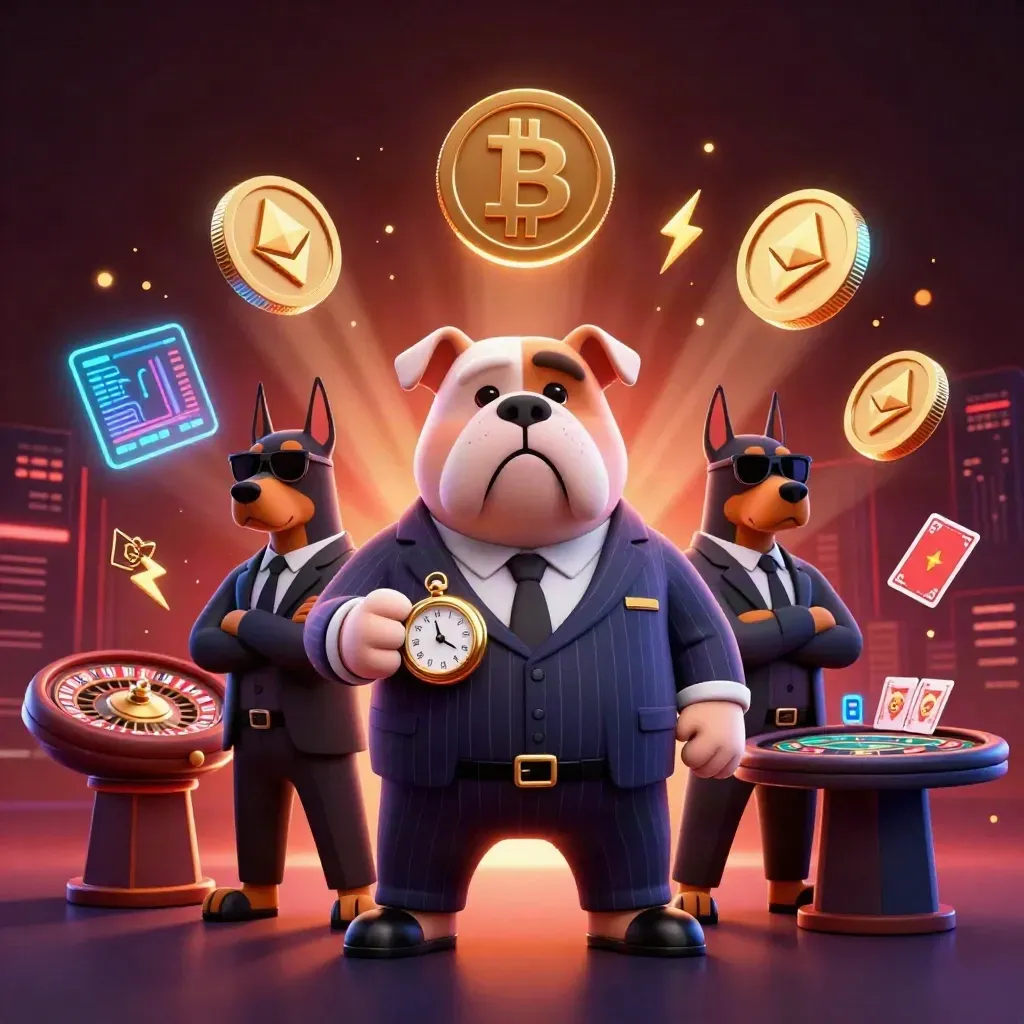 Bulldog mafia boss with two Dobermans amid neon crypto casino chaos