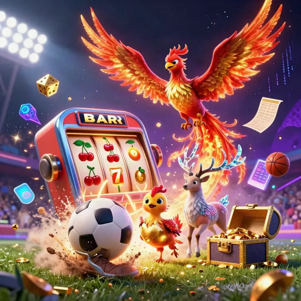 Phoenix, stag and casino symbols burst around a soccer ball in neon light.