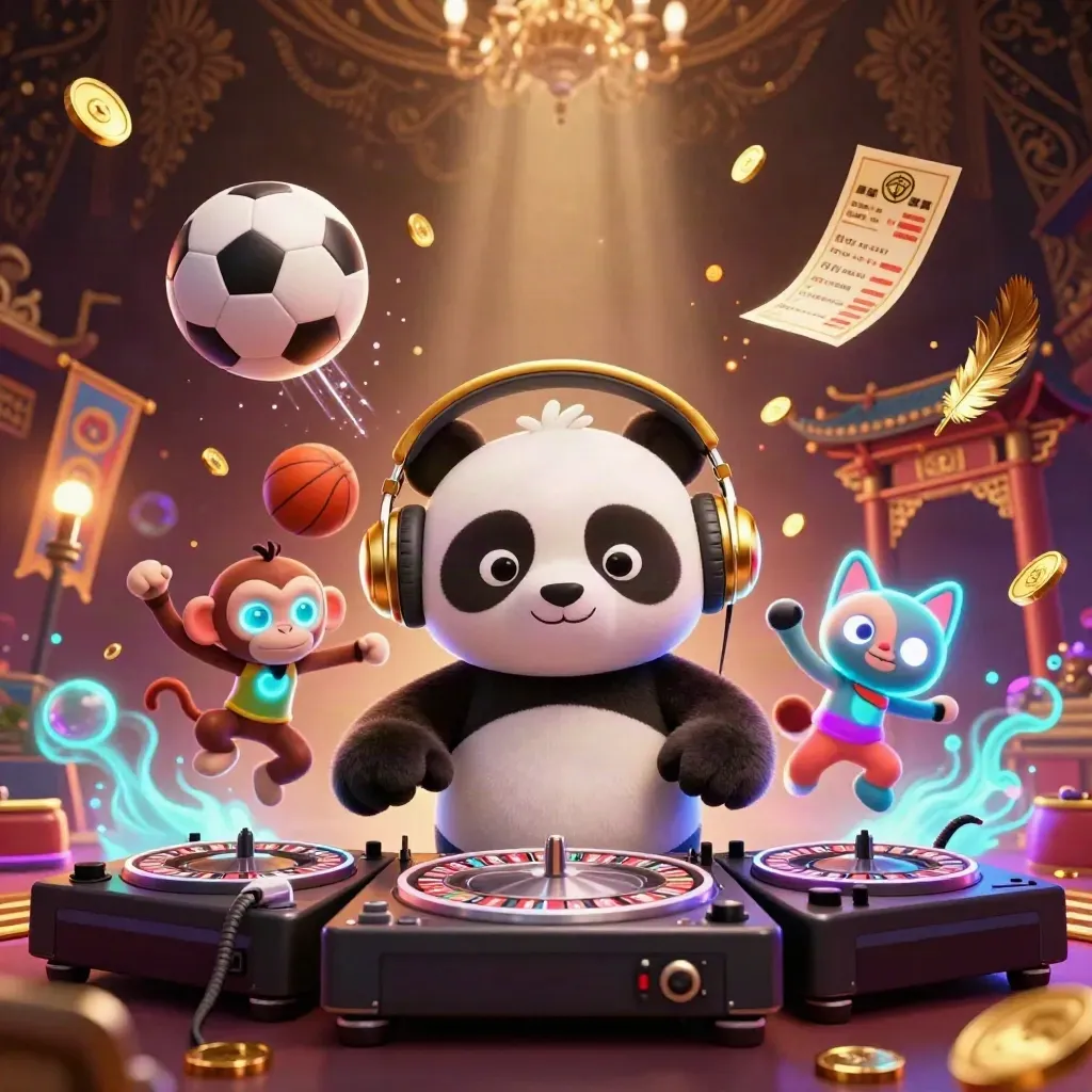 Cartoon panda DJ, monkey and glow kitten amid balls, coins and temple lights in a casino splash scene.