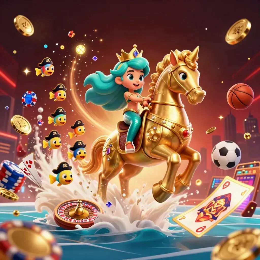 Mermaid princess on a gold seahorse amid casino chips, coins, cards and neon sparks.