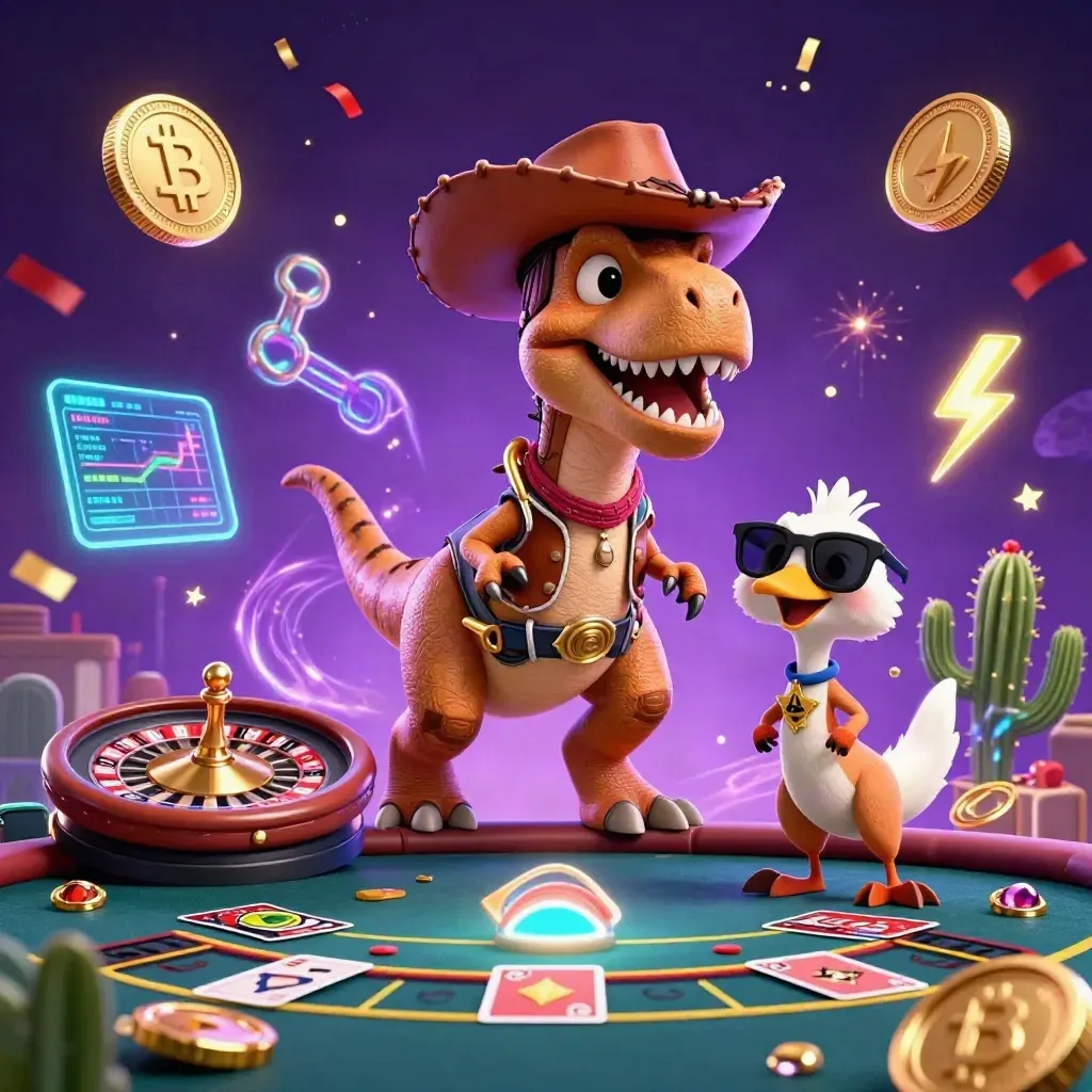 Cowboy T-Rex, cactus, and roadrunner in a neon casino scene with coins, cards, and magical energy.
