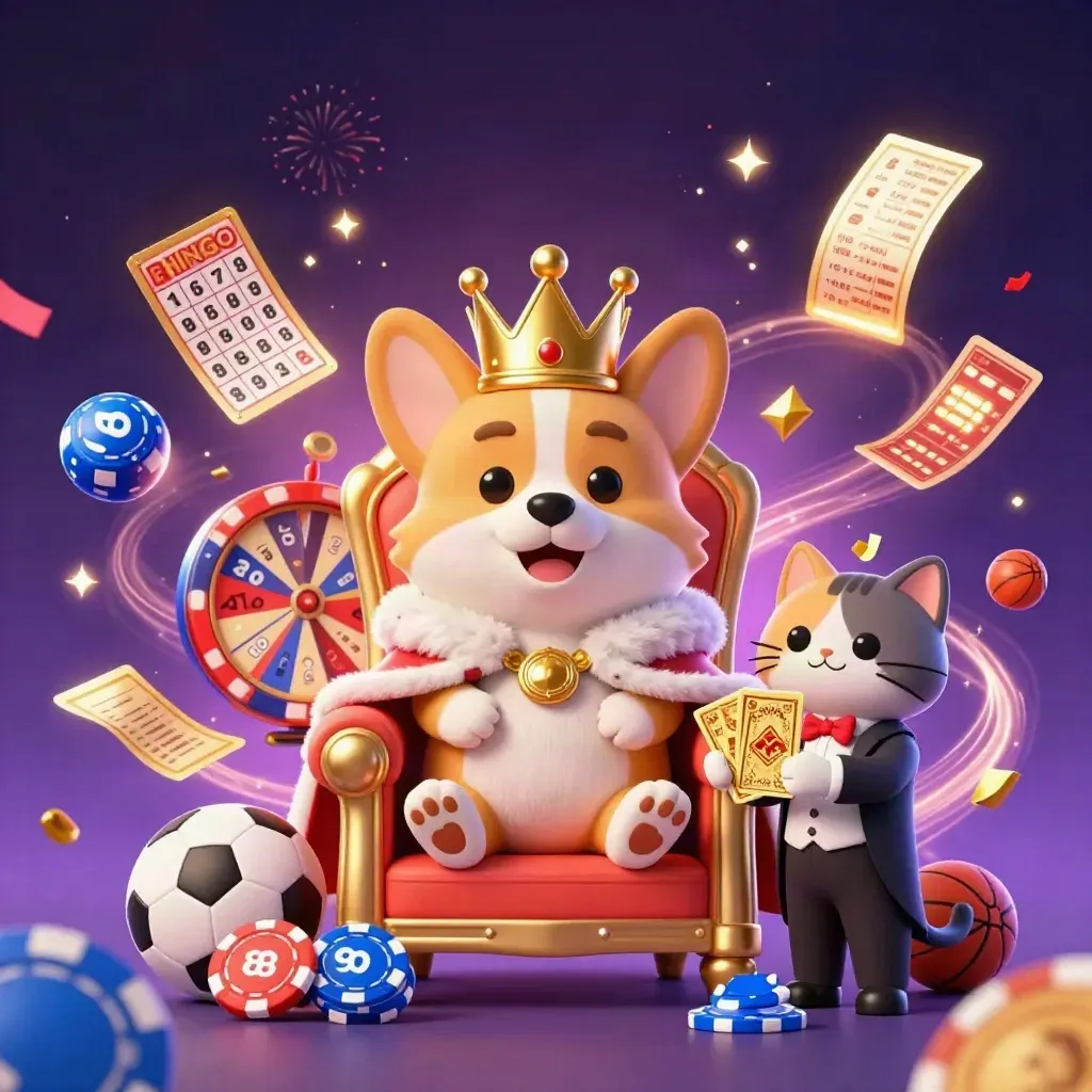 Crowned corgi and cat butler amid casino game bursts, lottery balls, confetti, fireworks, and dark neon glow.