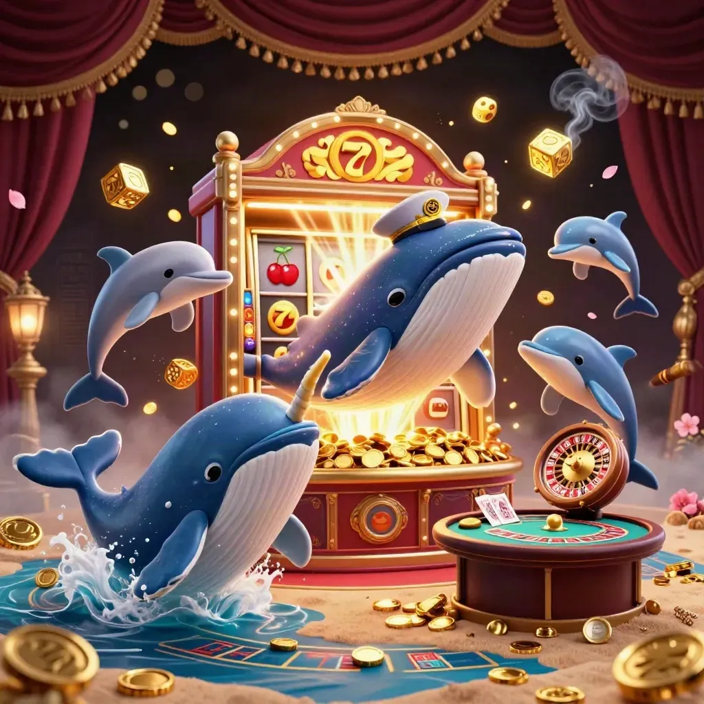 Whale, narwhal and dolphins in a luxe casino room with coins, slots and glowing gold.