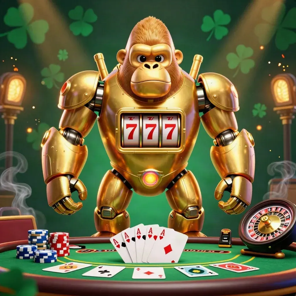 Golden gorilla mech and monkey pilot at a glowing casino table with cards, chips, and roulette wheel