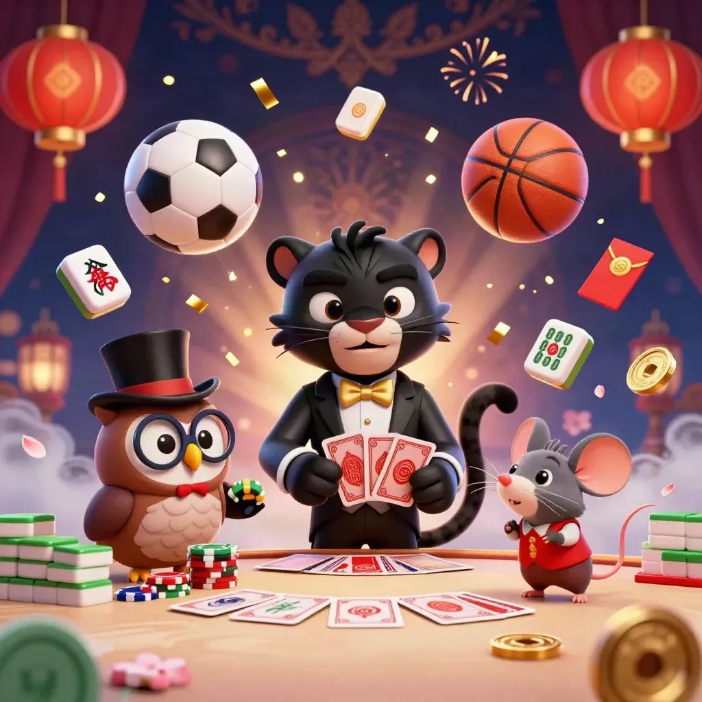 Panther, owl and mouse amid casino sports props, lanterns and flying balls on a dark luxe backdrop.