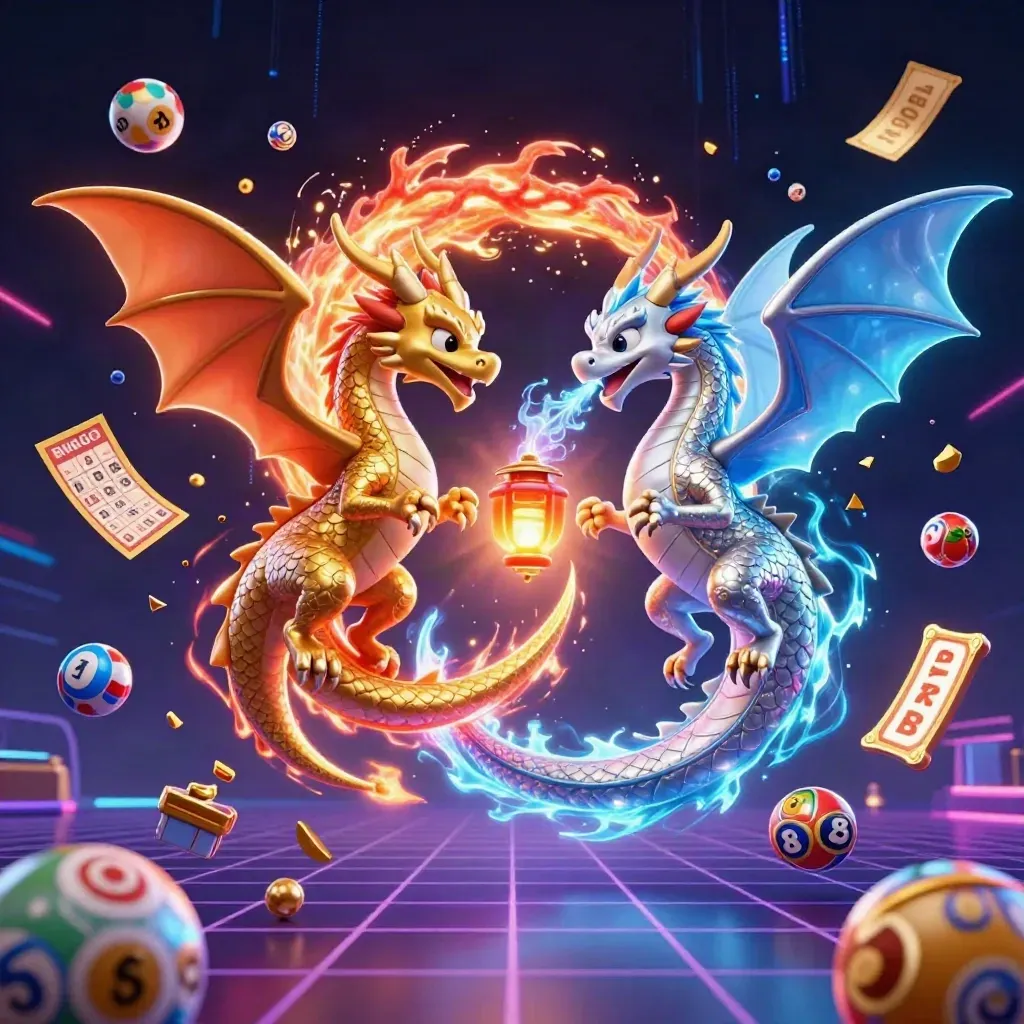 Twin gold and silver dragons swirl with coral fire and ice above casino icons and neon rain.