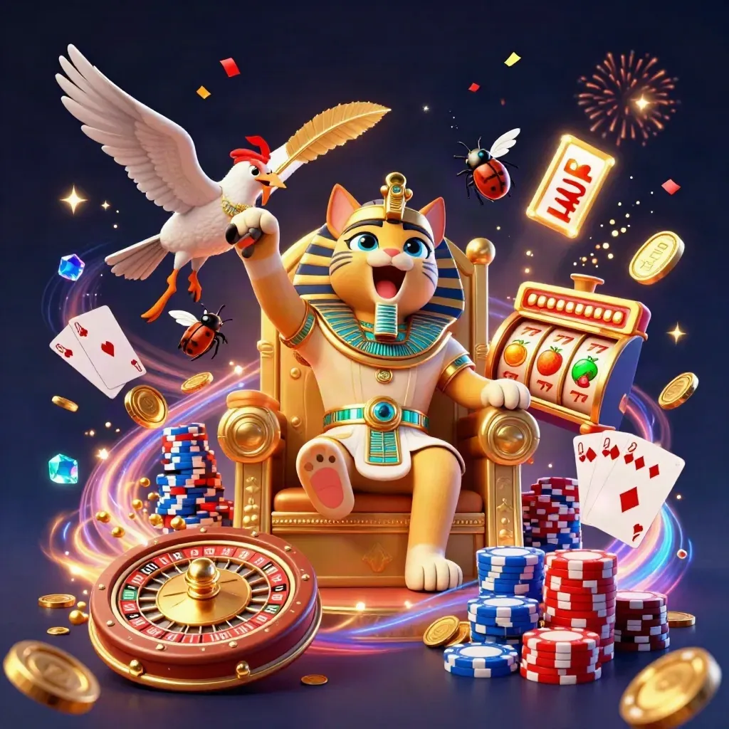 Pharaoh cat on a throne with an ibis scribe and gem-wing scarabs amid casino treasures.