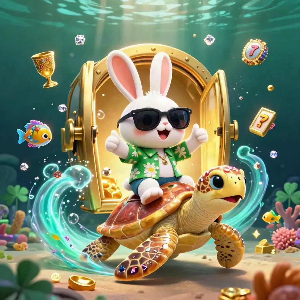 Rabbit on golden sea turtle amid treasure, gems, fish, and glowing casino magic