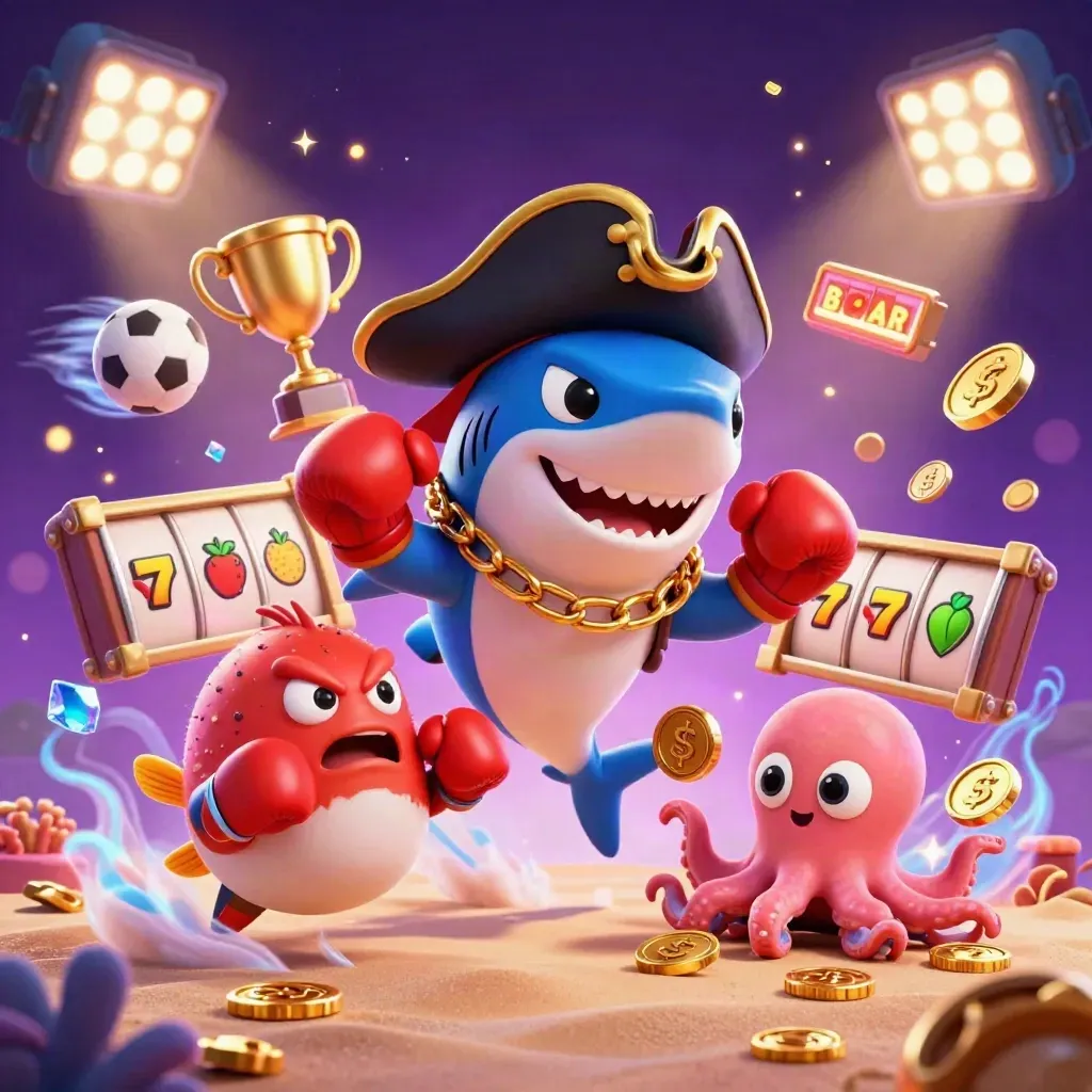 Pirate shark, boxing pufferfish and juggling octopus amid coins, balls, trophy and neon casino glow