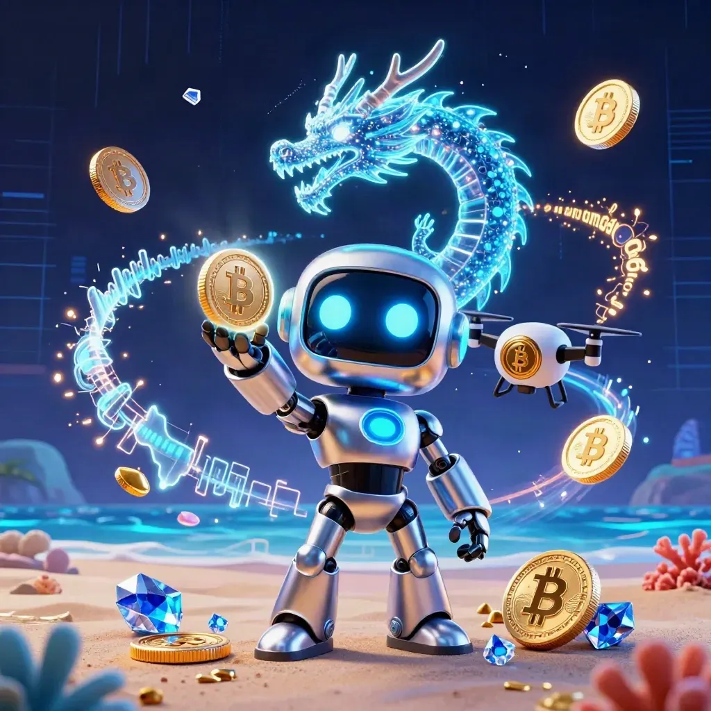 Cyberpunk robot, holographic dragon and drone amid coins, lightning and neon blue energy.