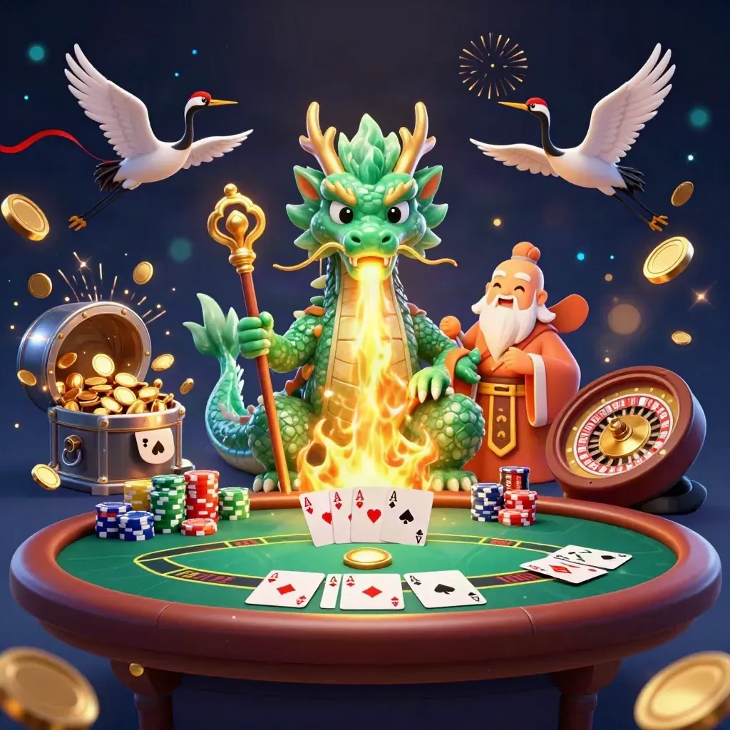 Jade dragon, turtle sage and cranes amid poker tables, coins, fireworks and neon coastal casino light.