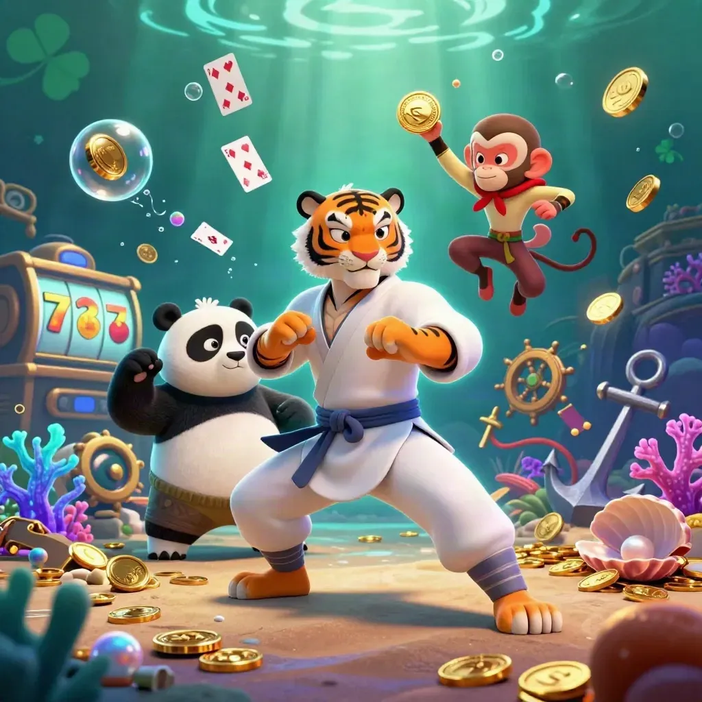 Tiger, panda, and monkey kung-fu heroes amid treasure, coral, bubbles, and casino icons.