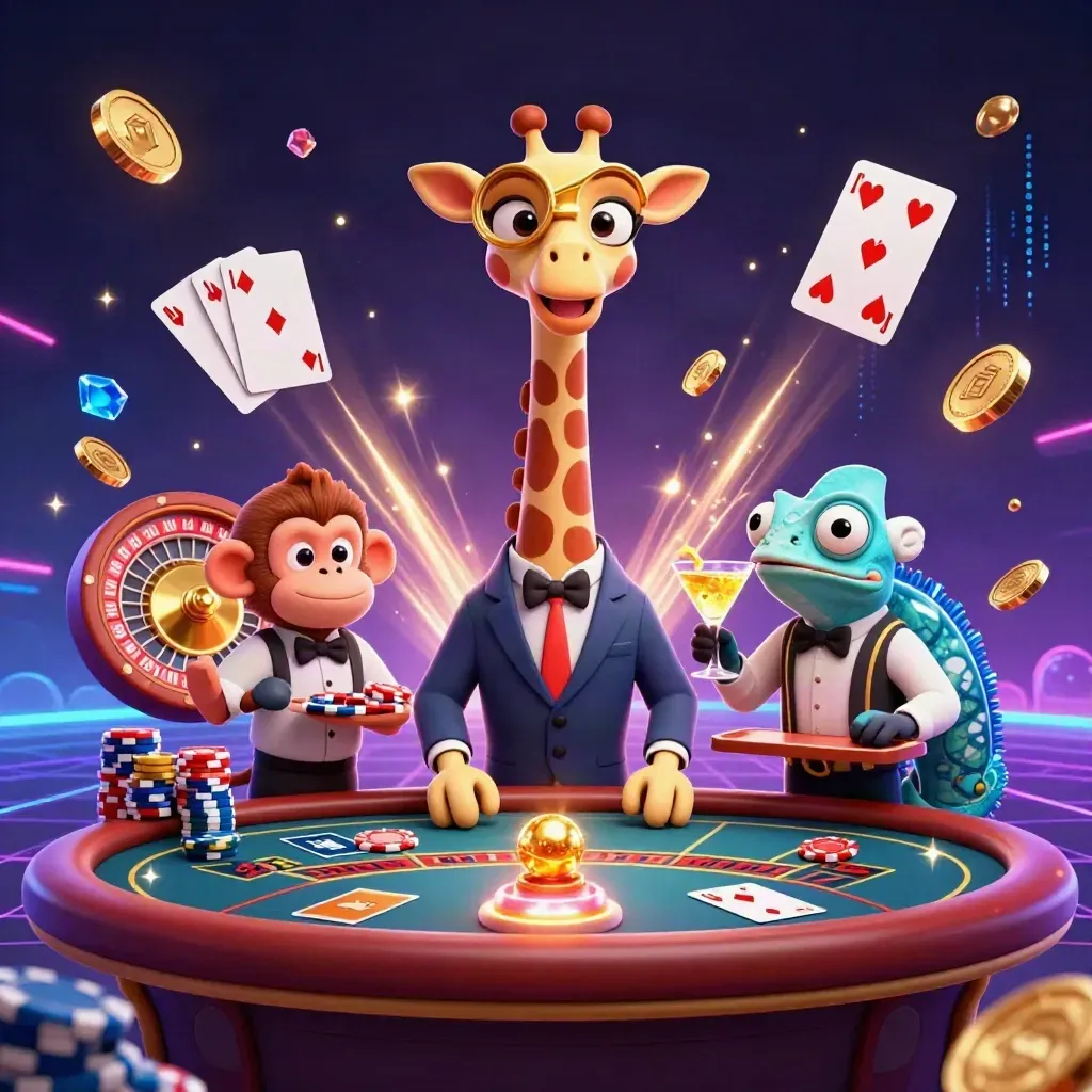 Giraffe high roller, monkey valet, chameleon bartender amid coins, gems, roulette and fireworks.