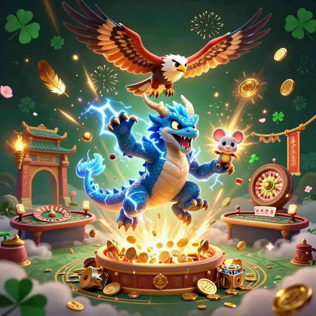 Thunder dragon, hawk and mouse amid coins, fireworks, temple gate and casino tables.