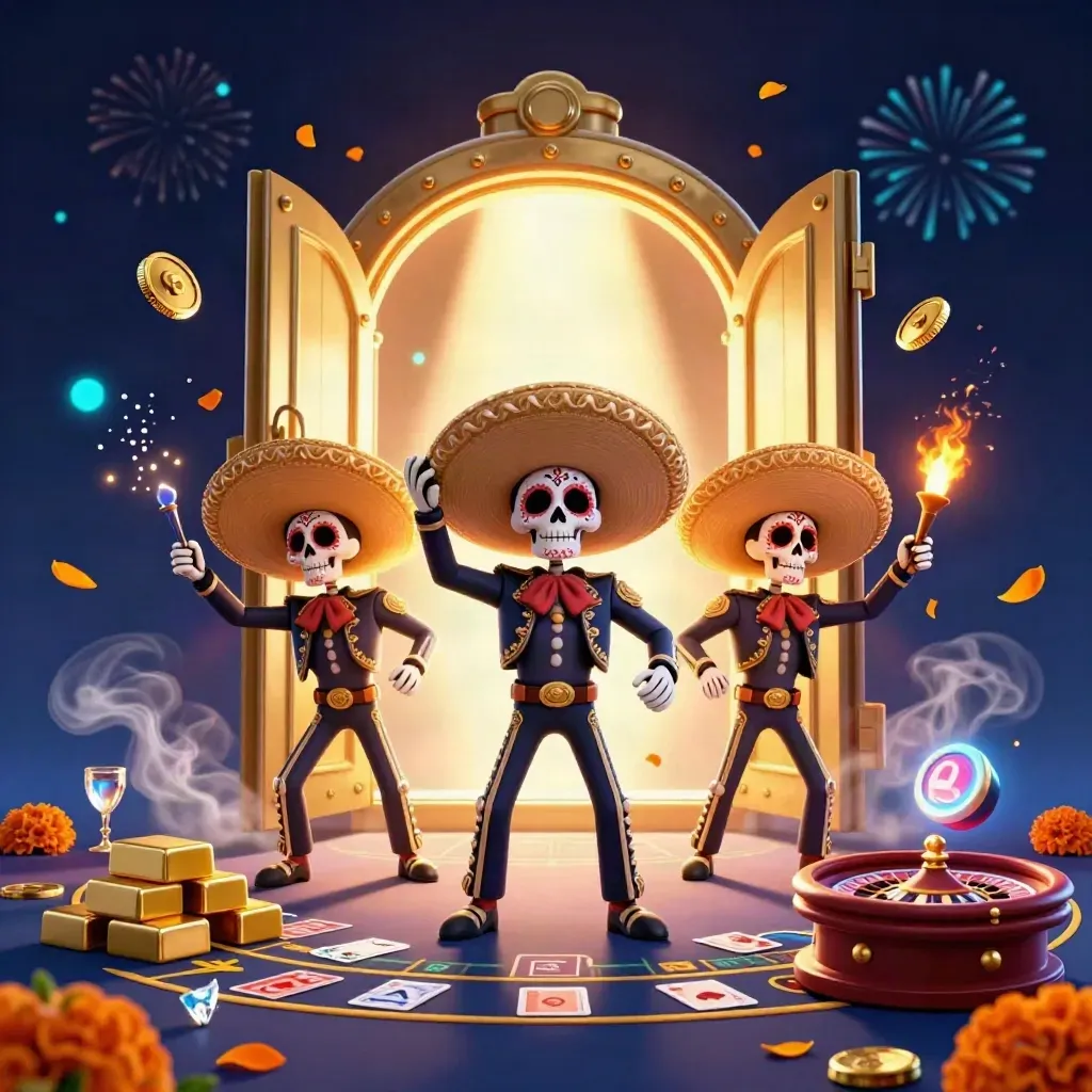 Skeleton mariachi trio celebrating by an open vault with coins, gems, cards and fireworks