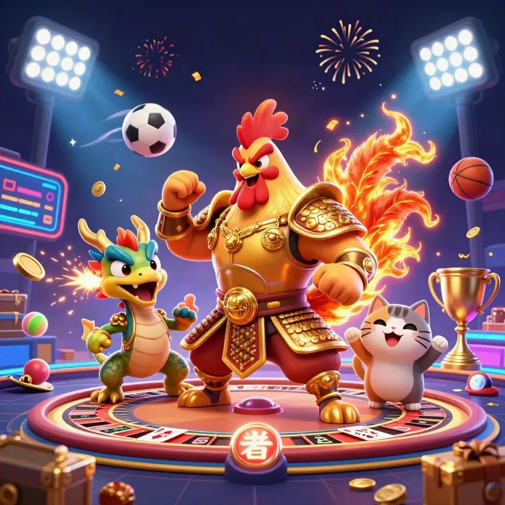 Rooster warrior, dragon hatchling and fortune-cat amid coins, fireworks and casino props.