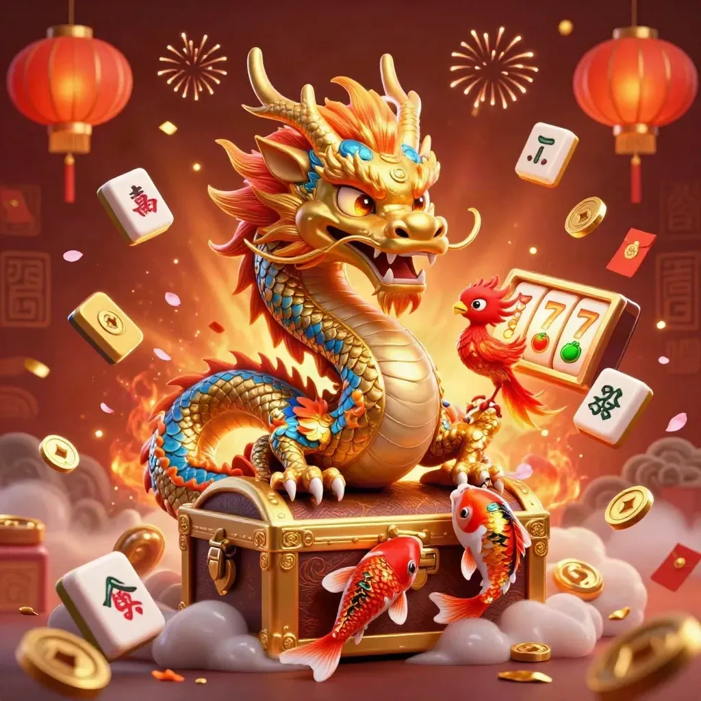 Golden dragon with phoenix and koi amid casino symbols on a fiery crimson glow