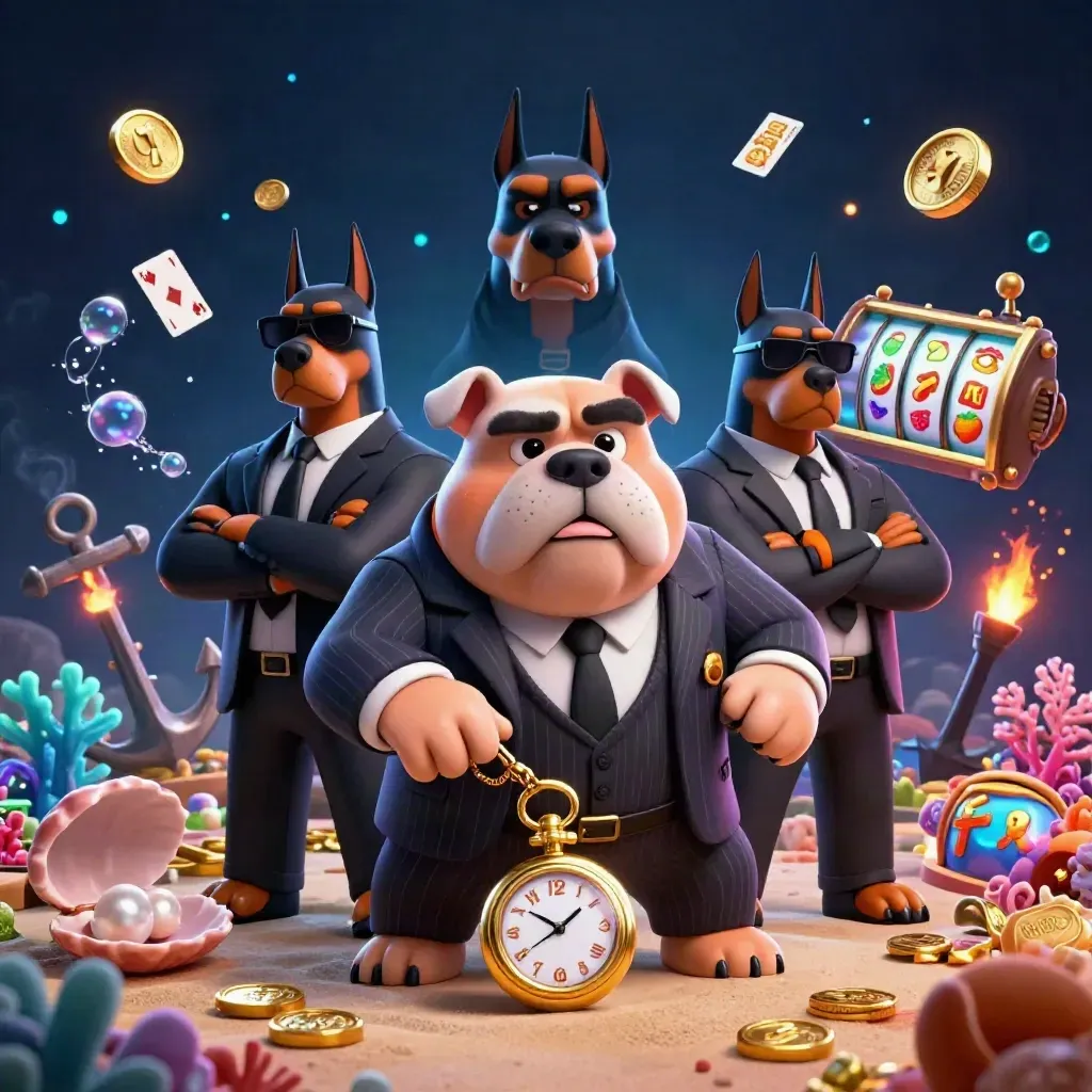 Bulldog mob boss and two Dobermans amid casino treasure, coral glow, coins, cards and slot symbols.