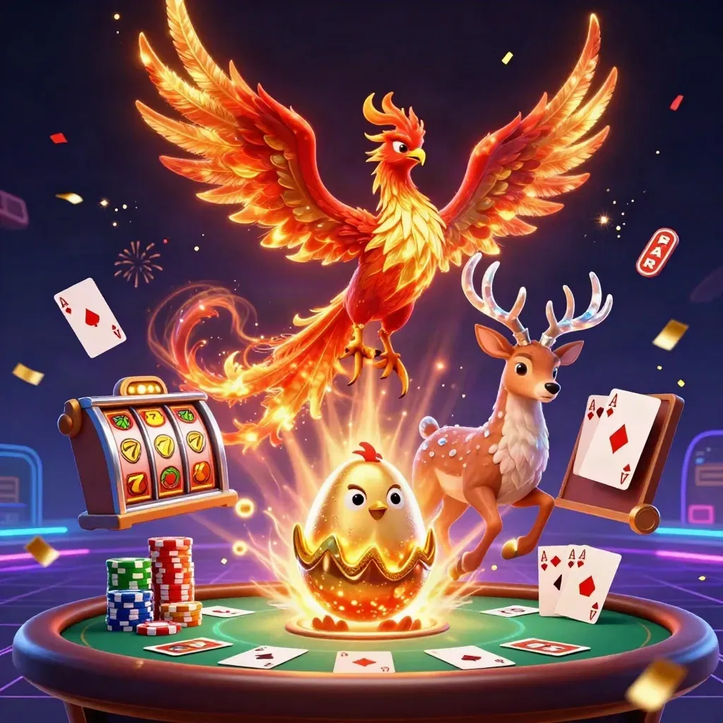 Phoenix, baby phoenix and stag amid casino chips, cards and fiery neon on a dark coastal backdrop.