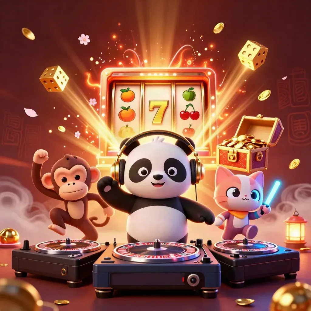 Panda DJ, dancing monkey and glow-stick kitten amid casino bursts, gold rays and ember-lit fog.