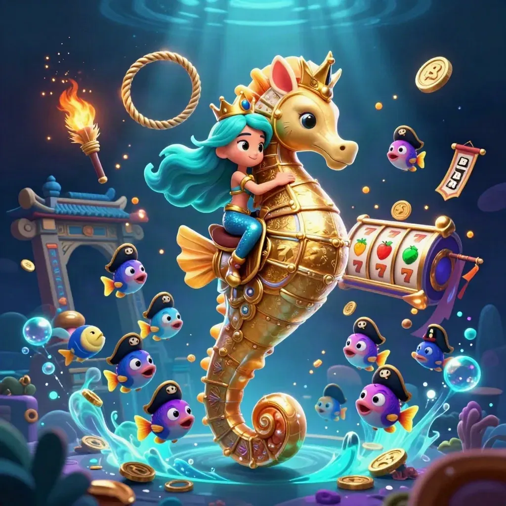 Mermaid princess rides a gold-armoured seahorse amid fish, coins, reels and temple ruins.