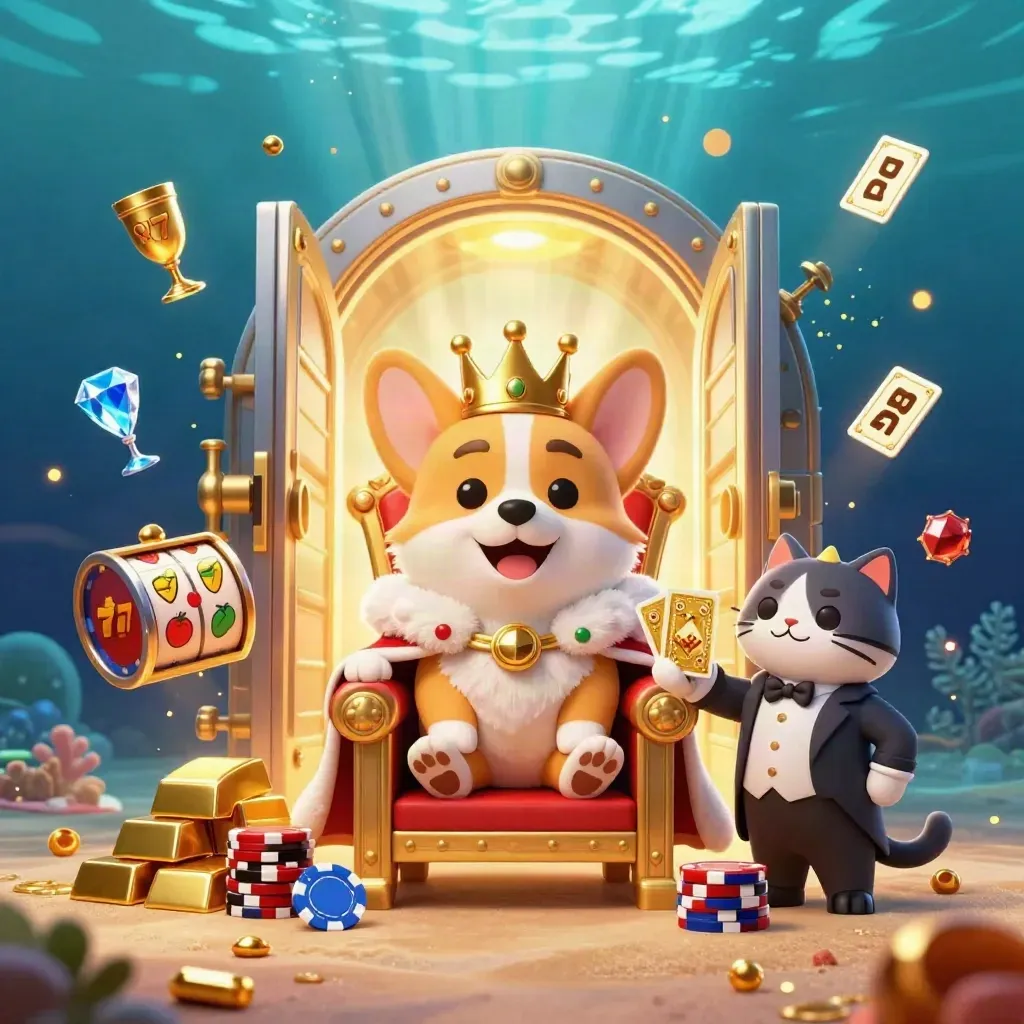 Royal corgi and cat butler in a casino treasure blast, glowing underwater luxury scene