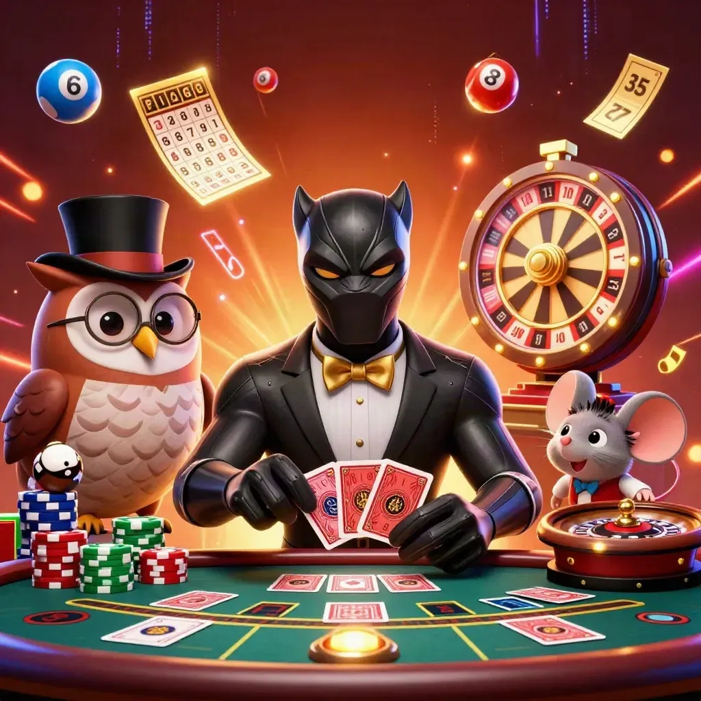 Panther dealer, owl and mouse with chips, cards, wheel, and casino sparks