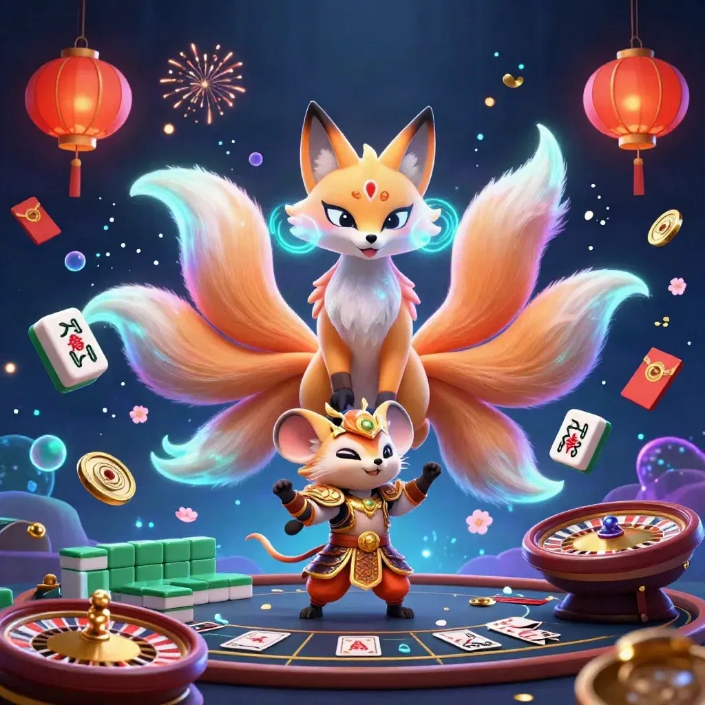 Neon nine-tailed fox spirit and golden mouse amid casino treasures on a dark glowing background.