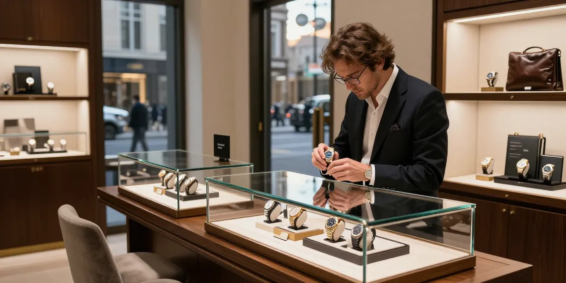 Elegant shopping experience showcasing a premium replica watch amidst luxury brand displays.