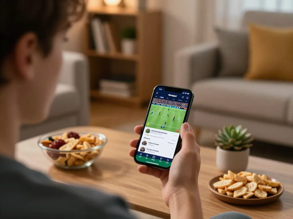 Using the Nowgoal app for sports betting in a cozy home environment.