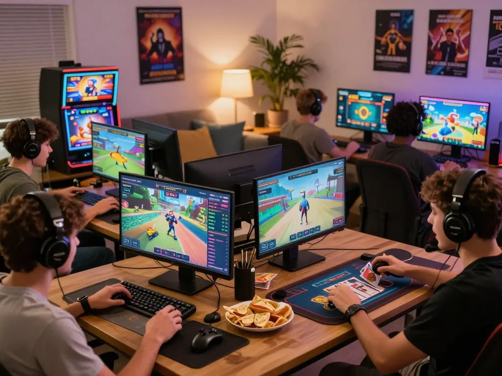 Engaged players enjoying sun win games on a modern virtual platform in a lively home setting.