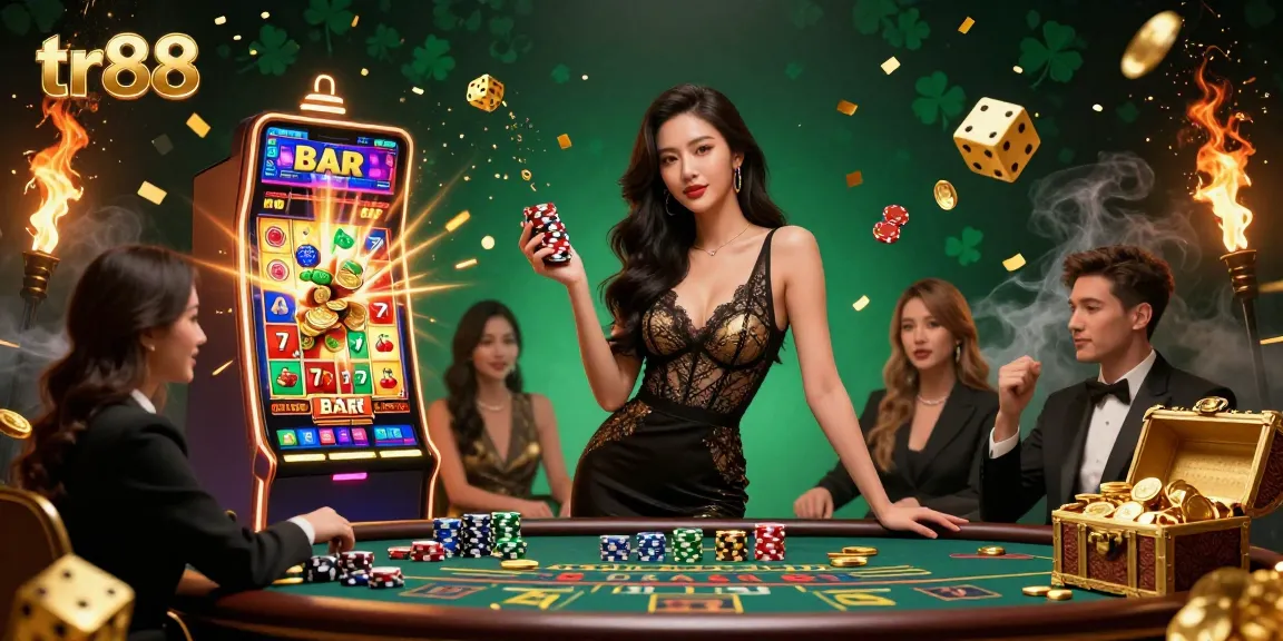 Experience tr88 with a glamorous Asian woman at a VIP baccarat table, surrounded by casino excitement and golden treasures.